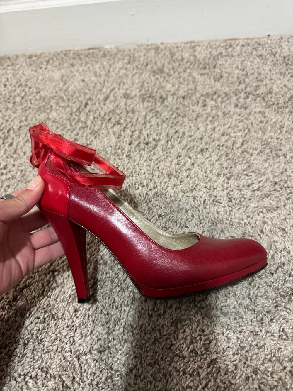 Red Ribbon-Ankle High Heel Pumps for Women